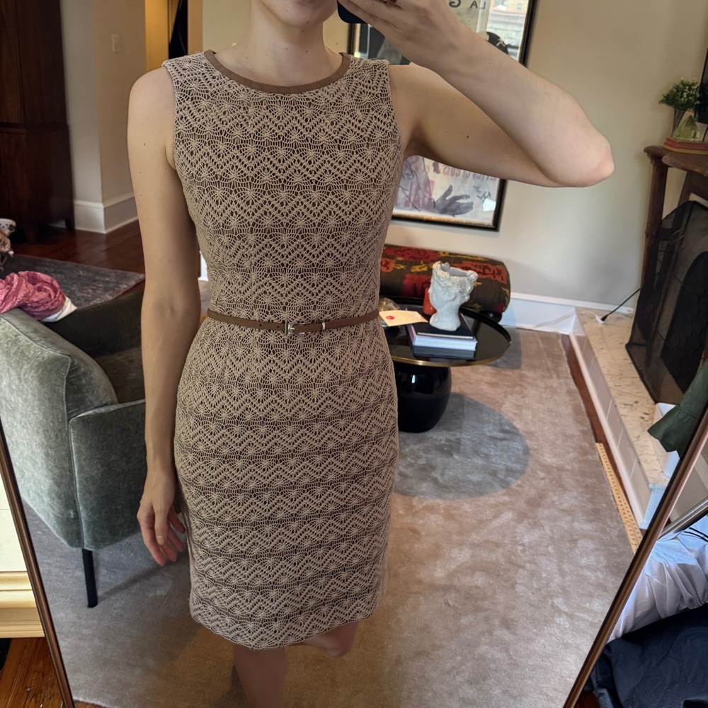 Anne Klein Crochet Belted Tan Sheath Dress